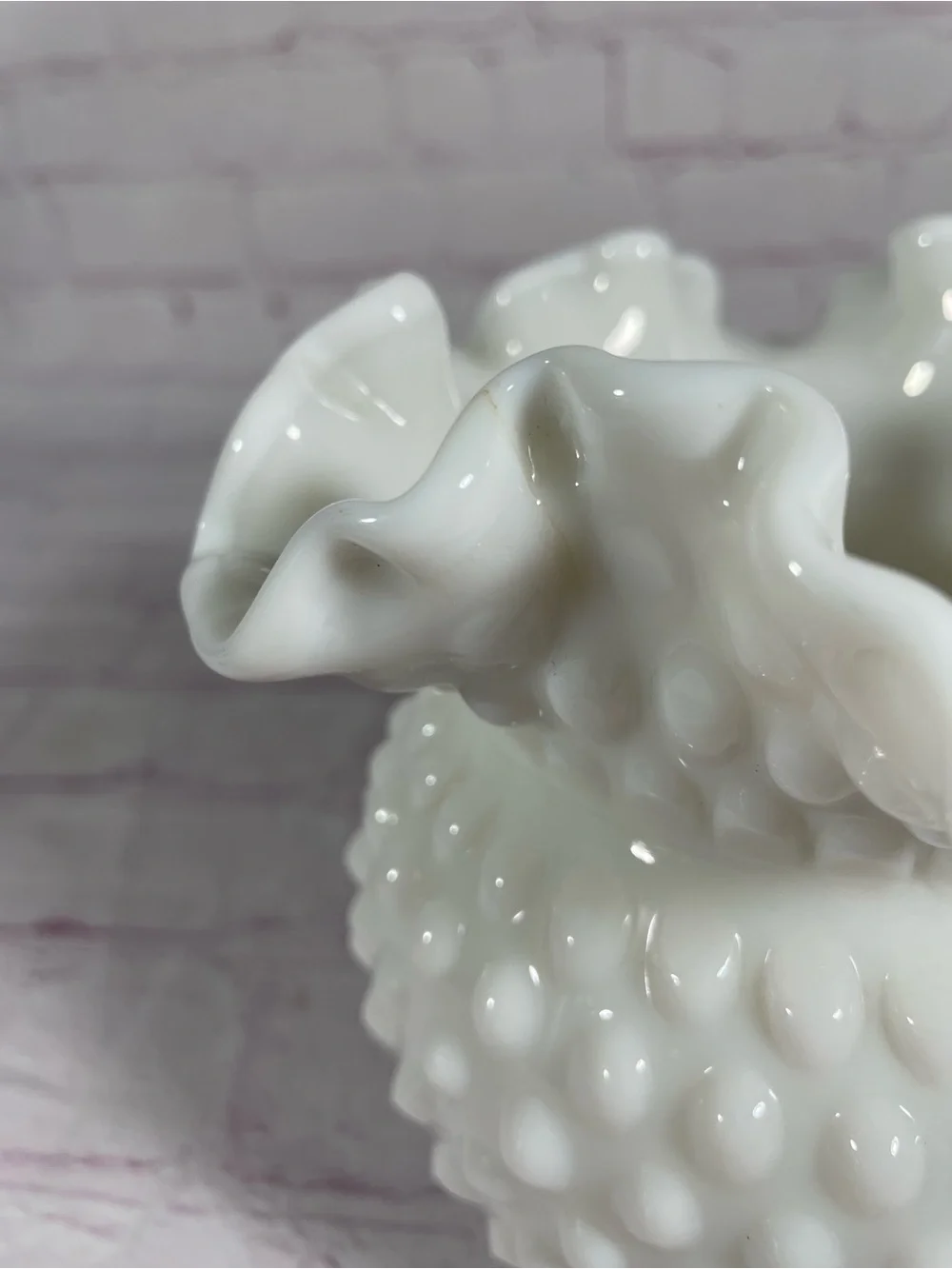 Vintage Fenton White Milk Glass Hobnail Ruffled Crimped Edge Vase 5.5”